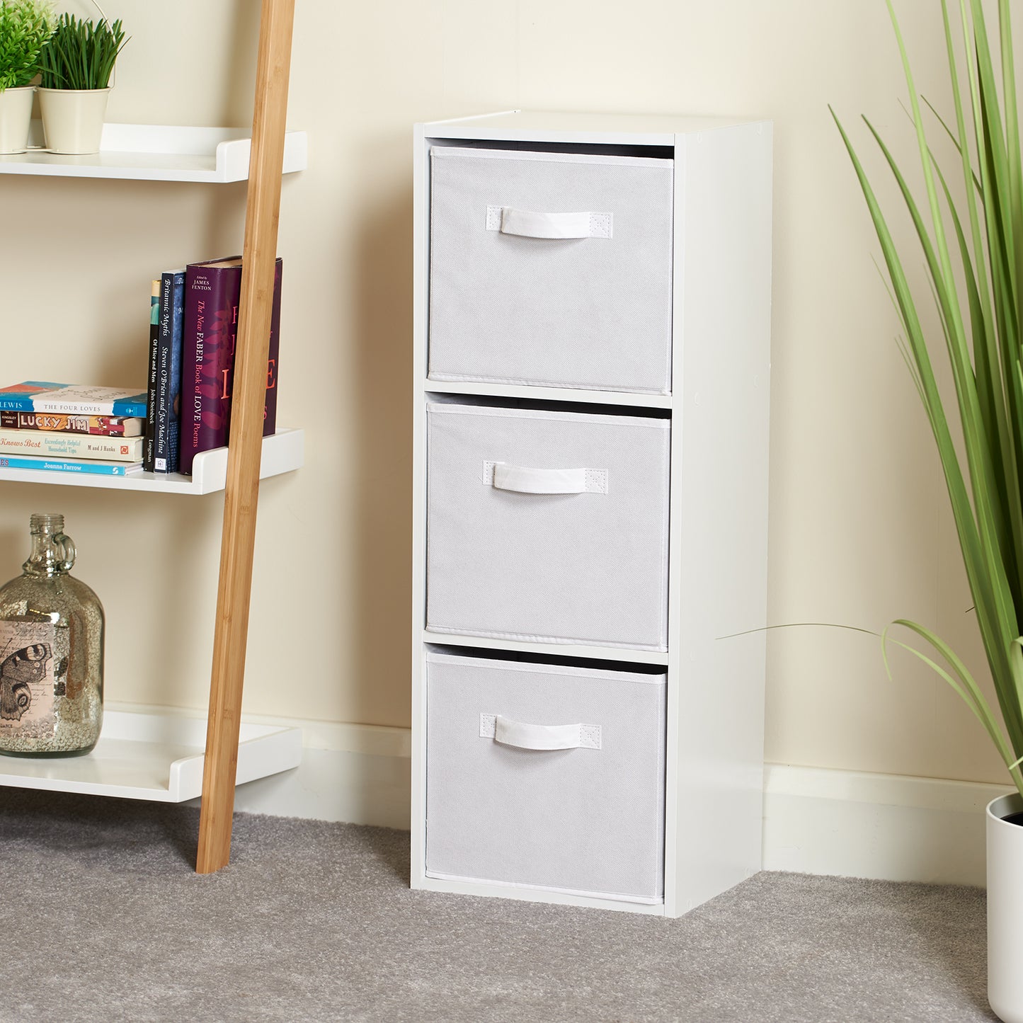Hartleys White 3 Tier Cube Storage Unit & 3 Handled Box Drawers